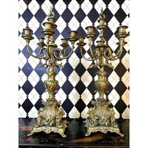 Grand-sized Brass Rococo Candelabra Pair 28in Baroque 6 Arm Candle Holders